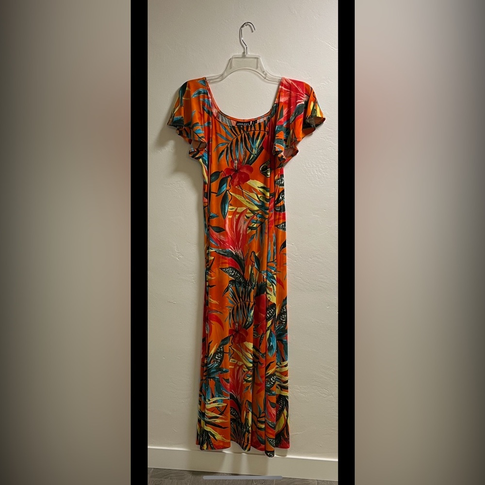 Attitudes by Renee Orange Tropical Floral Maxi Dress